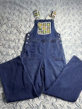 Tractr Kids Size 14 Denim Overalls Crochet Granny Square Boho Wide Leg EUC
